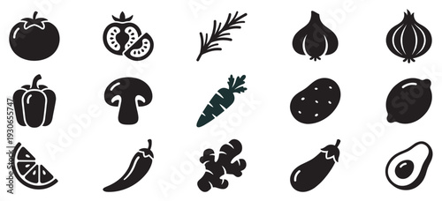 Various fresh fruits, vegetables, and herbs are depicted as simple black silhouette icons for culinary design.