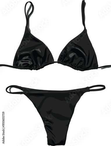 Black shiny bikini set with triangle top, adjustable straps, stylish swimwear fashion, nylon spandex beachwear, summer holiday clothing, sexy women’s swimsuit design