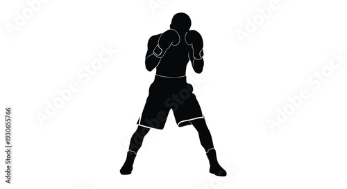 Boxer in fighting stance with gloves up silhouette against white background ready to throw punch