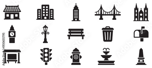 Set of city icons illustrating various urban elements, buildings, and public infrastructure in a clean design.