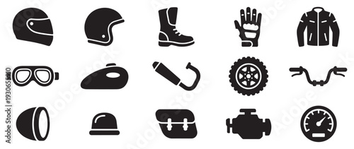 Motorcycle accessories and parts icons collection featuring essential gear and components for riders and their bikes.