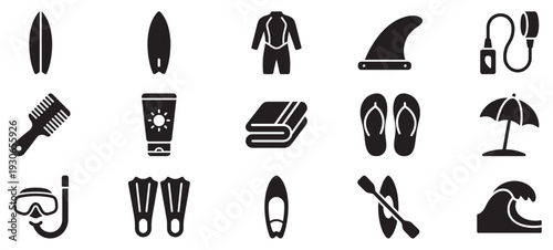 Beach and surf icons set representing various summer activities and essential water sports equipment in a modern flat design style.
