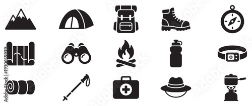 Camping and hiking icons set representing essential outdoor adventure equipment and supplies for wilderness exploration.
