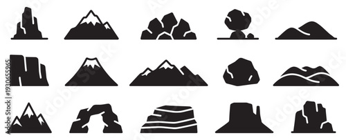 Mountain and rock formations icons set in black silhouettes representing various natural landscapes and geological features.