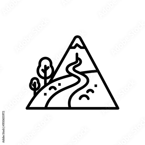Minimalist Mountain Landscape Illustration with Winding Trail and Trees