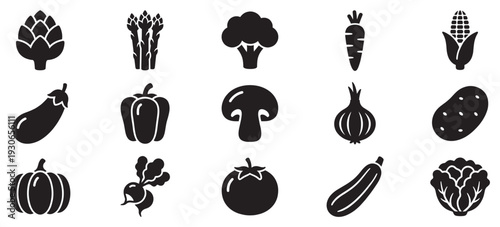 Various fresh healthy vegetable food icons set in a clean, minimalist black and white style for healthy eating concepts.