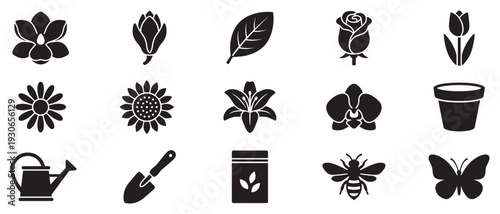 Gardening and nature icons collection featuring various plants, flowers, tools, and insects for outdoor hobbies and cultivation projects.