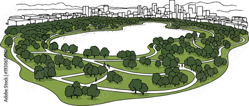 Aerial view of a city park with a lake, winding paths, and lush greenery