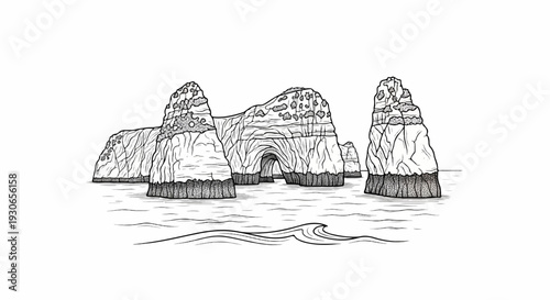 Dramatic rock formations with an archway rise from rippling water under a white sky