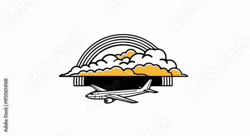 Airplane flies below stylized rainbow and clouds with striped base