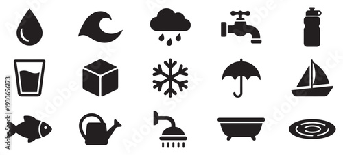 Water related icons set displaying various liquid elements, weather conditions, and common objects associated with water usage.