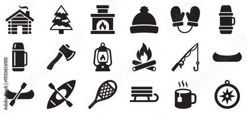 Outdoor adventure camping winter activity icons set features various elements for wilderness exploration and cozy cold weather experiences.