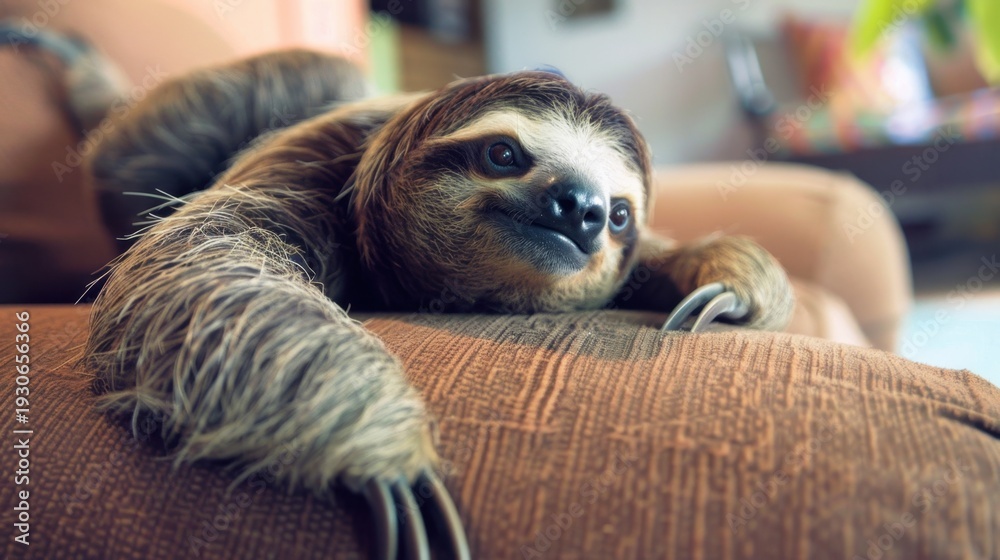 Fototapeta premium A close-up of a sloth resting on a brown couch. The sloth has a relaxed expression and is surrounded by a cozy indoor environment.