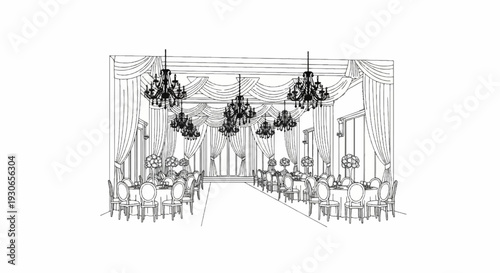 An elaborate ballroom with chandeliers, draped curtains, and elegantly set tables awaits