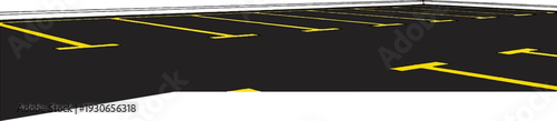 An empty, illustrated parking lot with distinct yellow lines marking spaces