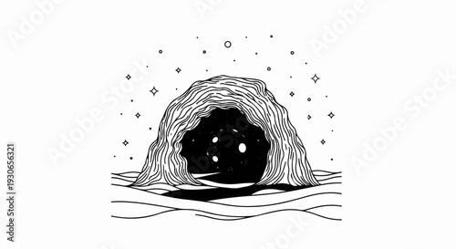 Black cave opening with stars and abstract water