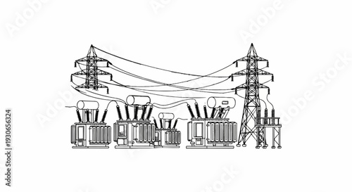 An illustration of electrical transformers and high-voltage power towers with connecting wires