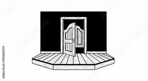 An open saloon door swings inward over a wooden planked floor