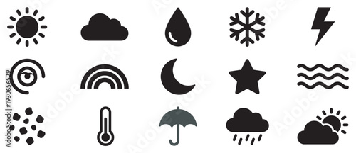 Simple black weather icons set representing various atmospheric conditions and natural phenomena for modern design projects.