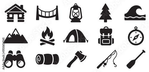 Camping and outdoor adventure icons collection featuring various symbols for nature exploration and wilderness activities.