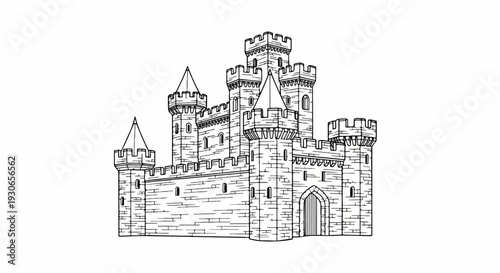 Ornate black and white illustration of a classic castle with multiple towers and crenellations