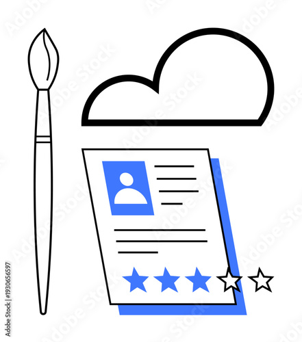 Paintbrush, cloud, and profile card with star ratings illustrate creativity, portfolio building, and performance feedback. Ideal for digital design, art, feedback, creativity networking