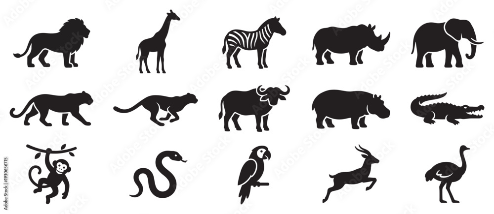 Obraz premium African wild animals silhouettes collection featuring various safari creatures like lions, elephants, giraffes, and zebras, perfect for wildlife themes.