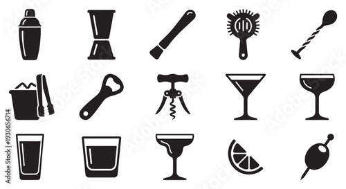 Bartending tools and cocktail glasses icon set featuring various essential equipment for mixing and serving drinks.
