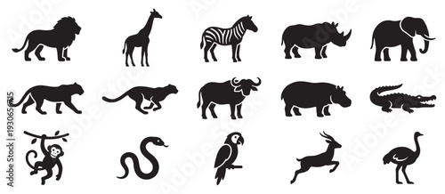 African wild animals silhouettes collection featuring various safari creatures like lions, elephants, giraffes, and zebras, perfect for wildlife themes.