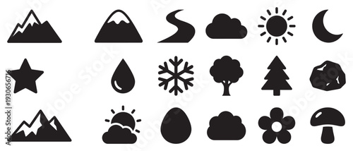 Nature and weather icons collection featuring various elements like mountains, sun, moon, trees, and clouds in a simple silhouette style.