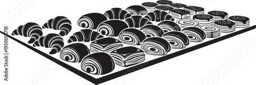 Assortment of pastries including croissants, pinwheels, and layered squares