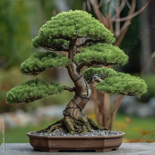 Close‑Up of Artistic Pine Bonsai in Garden Setting