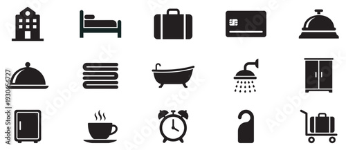 Hotel and hospitality icons collection representing essential services and amenities for travelers and guests staying in accommodations.