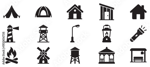 Outdoor camping housing utility building and light icons set in a simple black silhouette style for various design projects.
