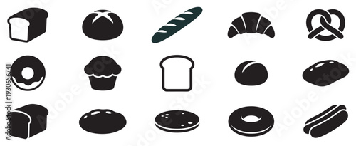 Assortment of baked goods and bread icons showcases different types of pastries, loaves, and buns in a graphic representation.