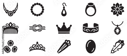 Jewelry and fashion accessories collection of elegant black silhouette icons representing various decorative ornaments and precious items.