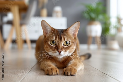 A playful Abyssinian cat stretching on a light wooden floor in a modern home interior