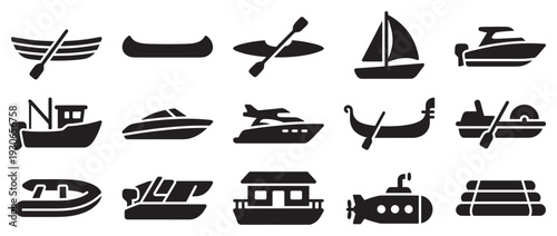 Various types of boats and watercraft icons collection illustrating different vessels for travel, recreation, and transport on water.