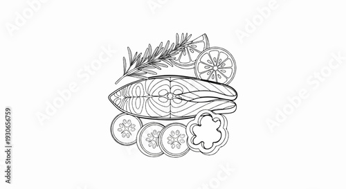 A sketch of salmon steaks with lemon slices, cucumber rounds, and rosemary