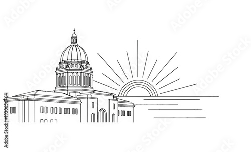 A domed government building at sunrise, with radiating sun lines