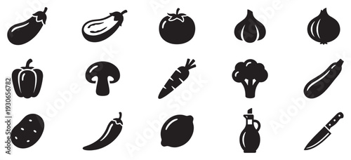 Collection of fresh vegetables and kitchen utensils icons representing healthy food ingredients and cooking essentials in a modern style.