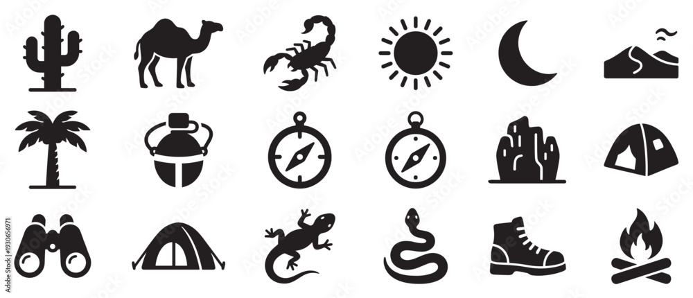 Fototapeta premium Desert adventure icons collection featuring various symbols of travel, exploration, and wildlife in arid landscapes.