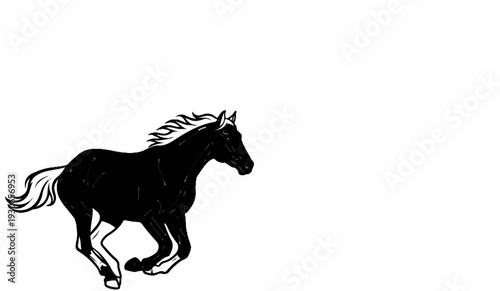 A black horse with a white mane and tail gallops across a white background