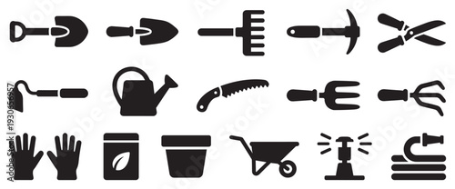 Comprehensive collection of gardening tools and equipment icons for various outdoor and planting tasks, essential for garden maintenance.