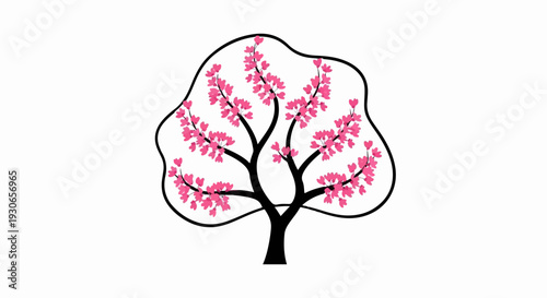 A stylized tree with thick black branches and vibrant pink blossoms against a white background