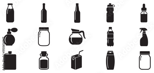 Various liquid containers and bottles icon set collection for beverages, cosmetics, and household products in a clean, modern style.