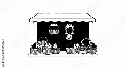 A smiling vendor stands behind a market stall displaying various woven baskets of different sizes