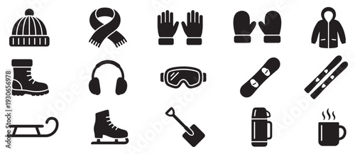 Winter essentials icons set showcasing various cold weather clothing, sports gear, and warm drinks for seasonal activities.