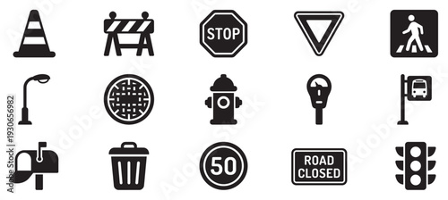 Urban street infrastructure elements and public service icons are featured in a comprehensive collection of black silhouettes.