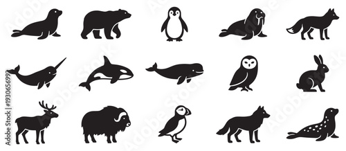 Arctic animals silhouettes collection featuring various mammals and birds from polar regions, perfect for educational designs.